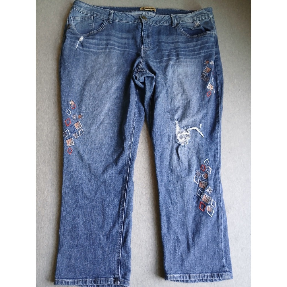Democracy Jeans 22w Embroidered High Rise Straight Stretch Boho Bohemian Hippie